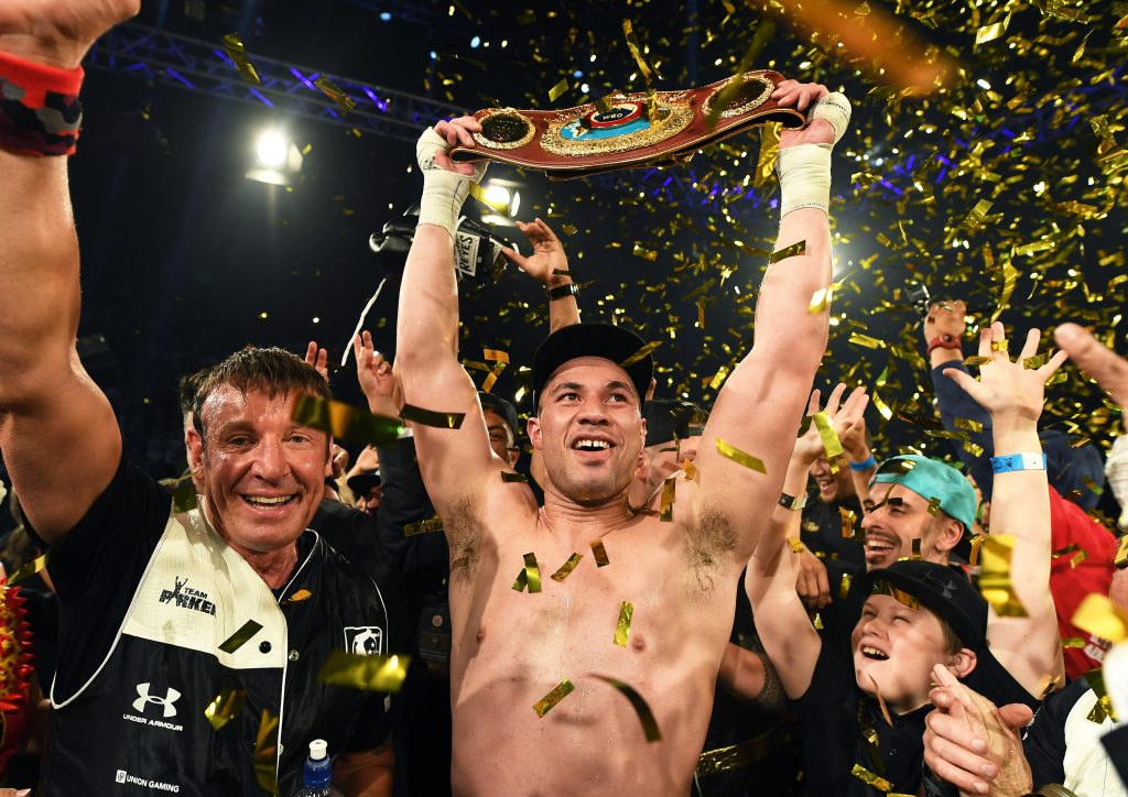 New Zealand heavyweight boxer Joseph Parker celebrates his win over Andy Ruiz Jr.  WBO World Heavyweight Title. Burger King Road to the title by Duco Boxing. Vector Arena, Auckland, New Zealand. Saturday 10 December 2016. © Copyright Photo: Andrew Cornaga / www.photosport.nz