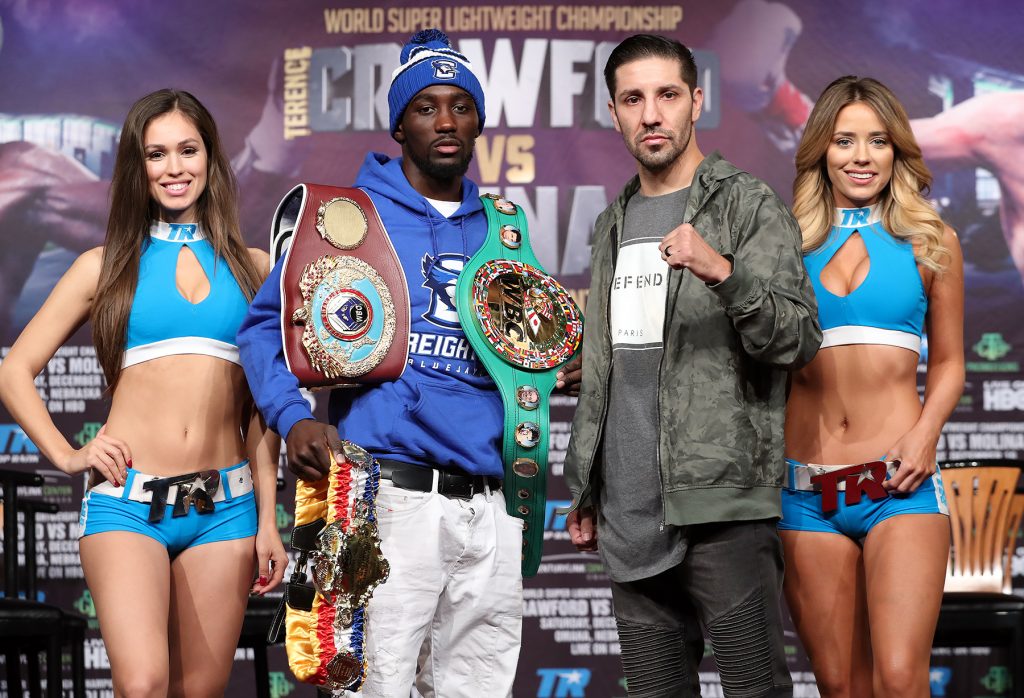 WBO, WBC Super lightweight champion Terence Crawford and No. 1 Contender John Molina pose with the knockouts during the final Press Conference to announce their bout December 10 live on HBO at CenturyLink Center Omaha. Photo Mikey Williams / Top Rank