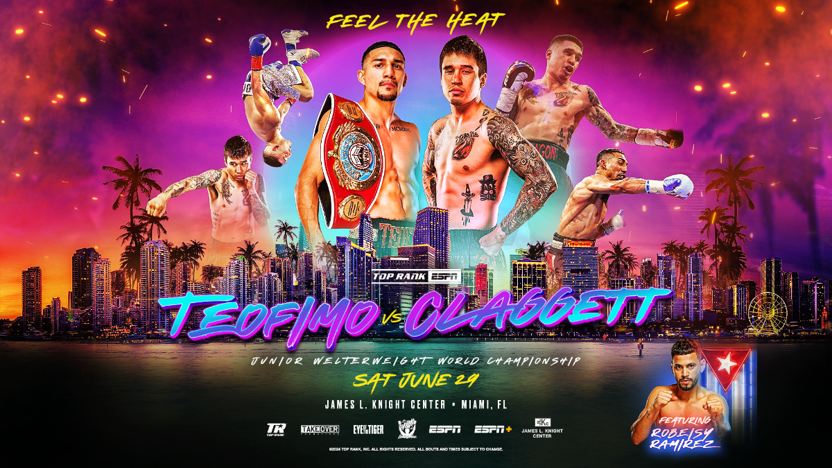 The Heat Is On: Miami Fight Night Headlined by Teofimo Lopez-Steve Claggett Junior Welterweight World Title Showdown June 29 at James L. Knight Center LIVE on ESPN